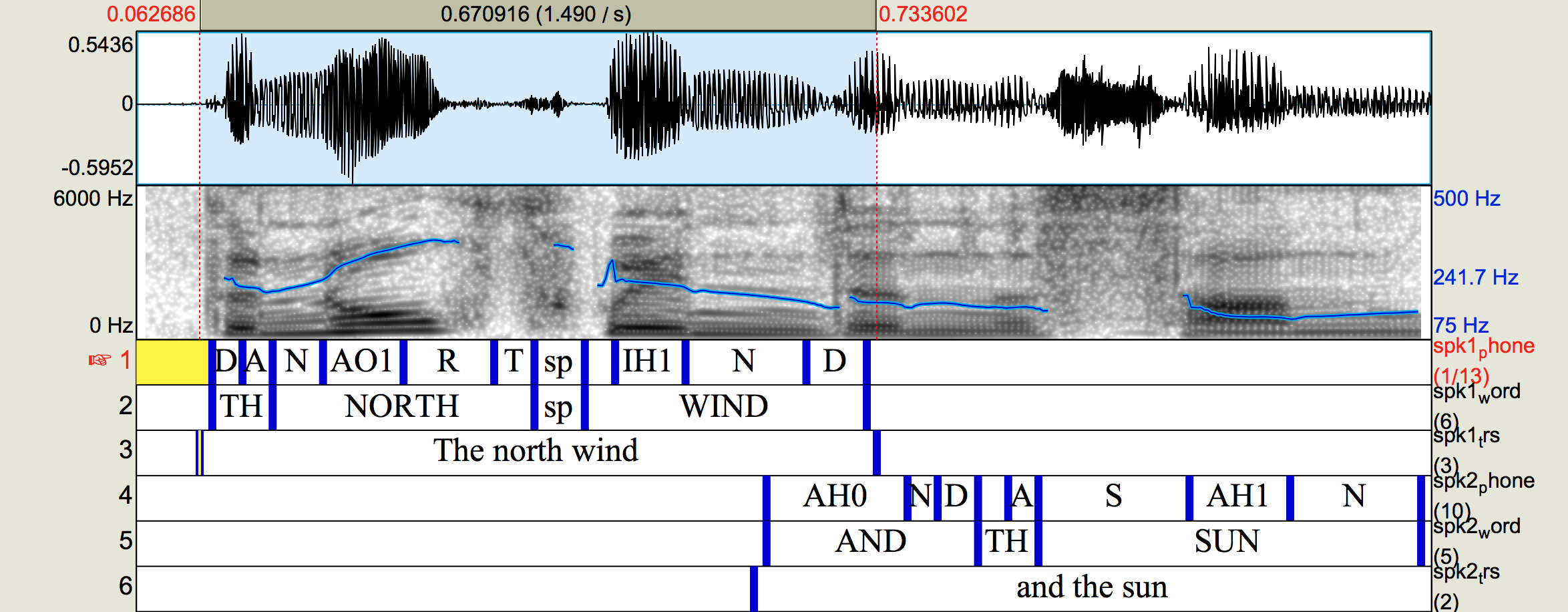 Annotated audio of 'the north wind and the sun' (two speakers)