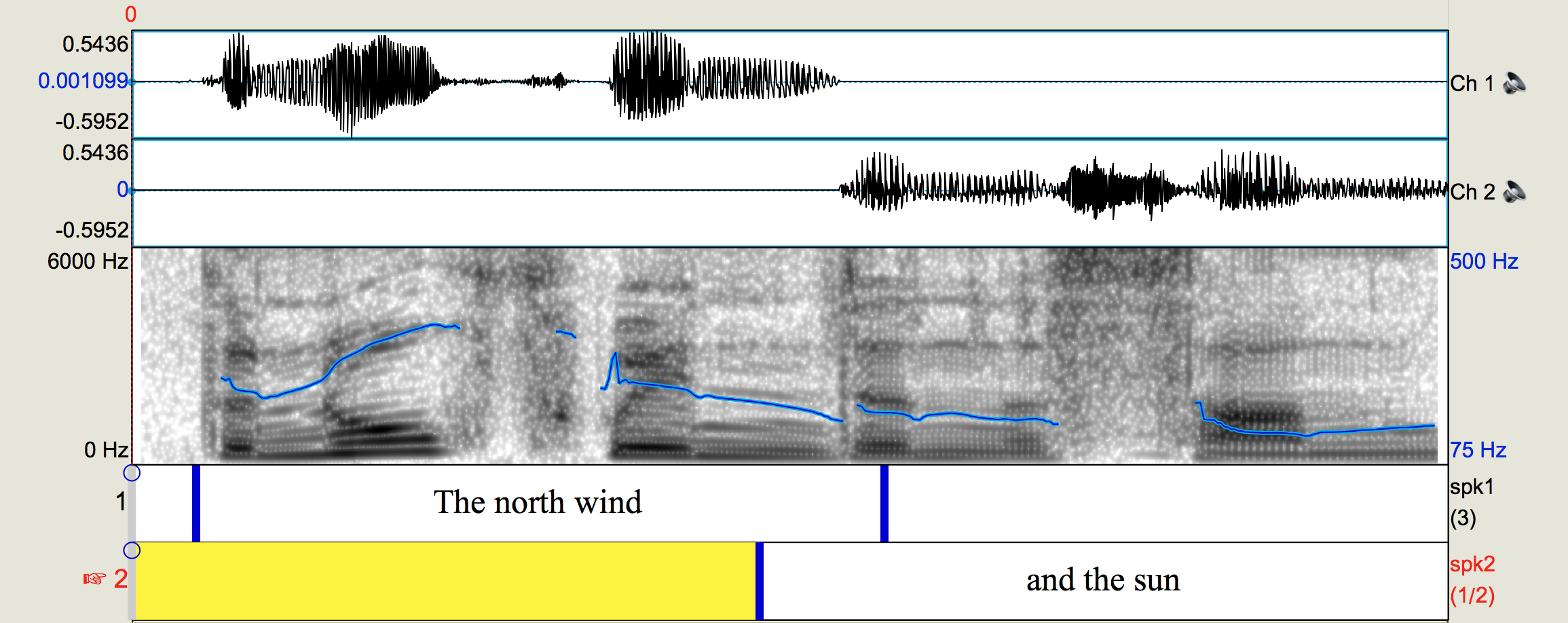Annotated audio of 'the north wind and the sun' (two speakers and two channels)