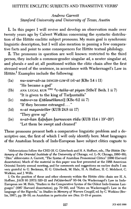 Hittite enclitic subjects and transitive verbs, 1990